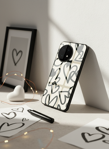 Black Hearts Premium Glass Back Cover For One Plus 13, 12, 11, 10, Nord Series