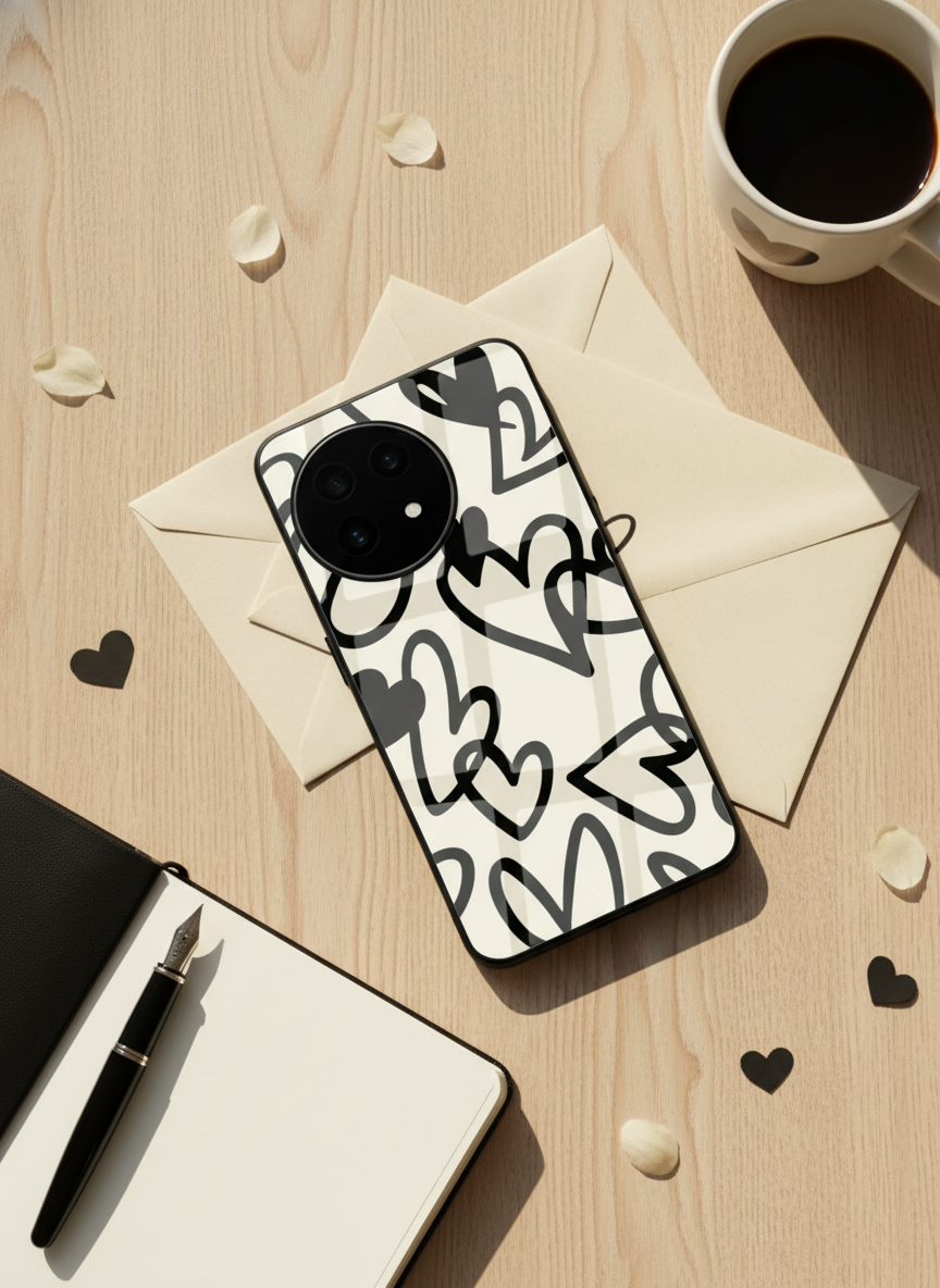 Black Hearts Premium Glass Back Cover For One Plus 13, 12, 11, 10, Nord Series