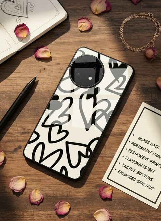 Black Hearts Premium Glass Back Cover For One Plus 13, 12, 11, 10, Nord Series
