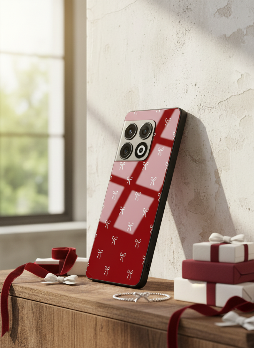 Red Bow Beaut Premium Glass Back Cover For One Plus 13, 12, 11, 10, Nord Series