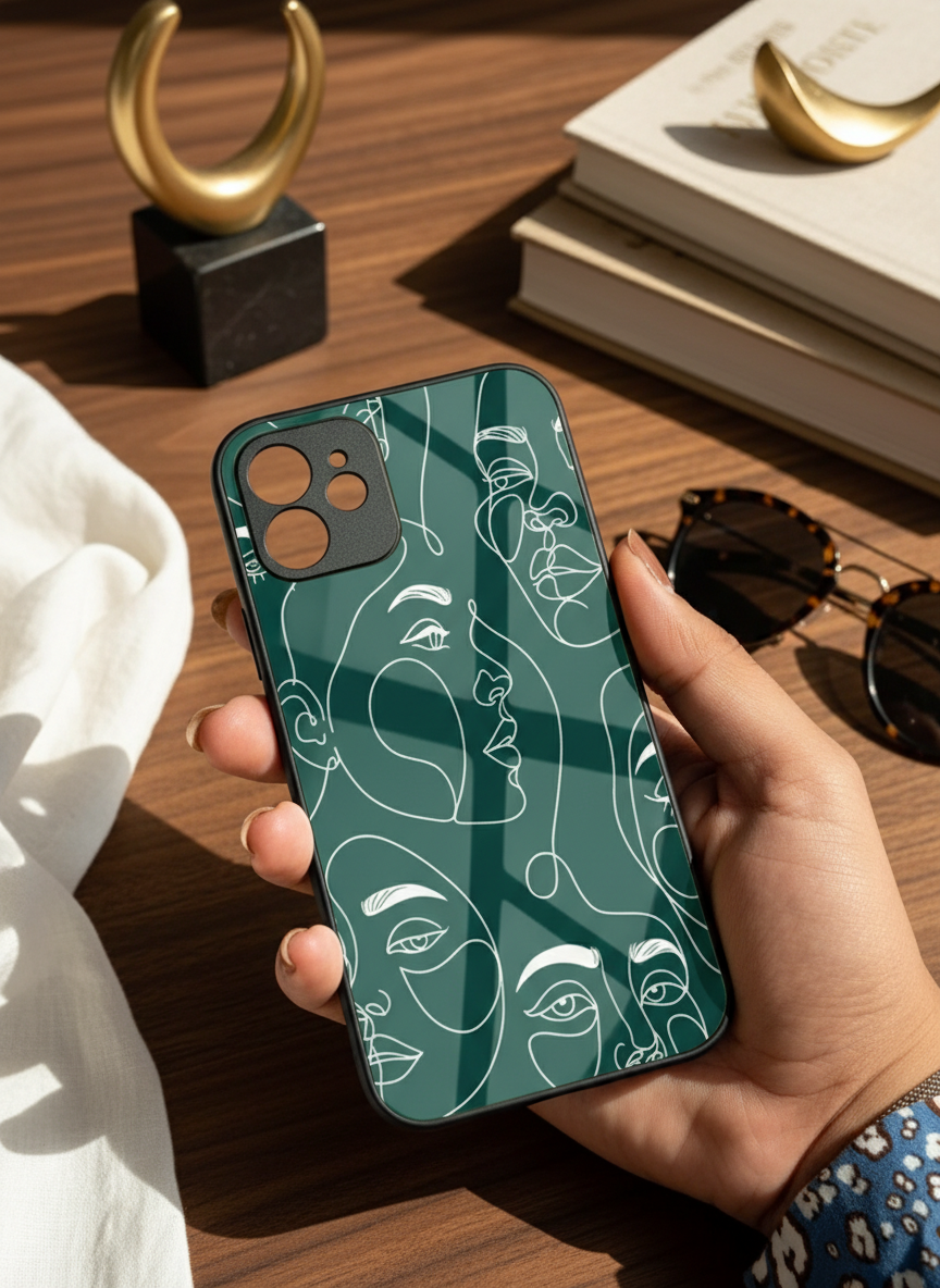 Line Art Lady  Premium Glass Back Cover For iPhone 11-17 Models