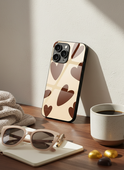 Chocolate Hearts Premium Glass Back Cover For iPhone 11-17 Models