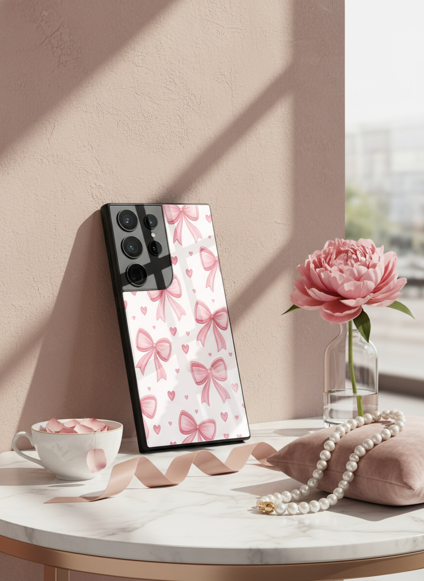Bow Bliss Premium Glass Back Cover For Galaxy S, A, M & F Series