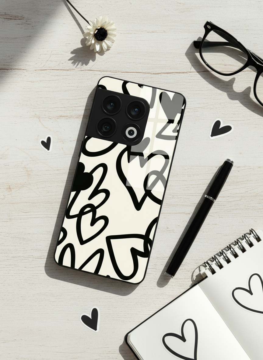 Black Hearts Premium Glass Back Cover For One Plus 13, 12, 11, 10, Nord Series