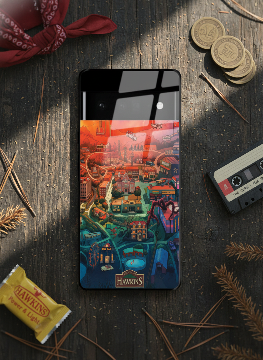 STRANGER THINGS- Hawkins Cinematic Map Premium Glass Back Cover For Google Pixel 7,8,9,10 Series
