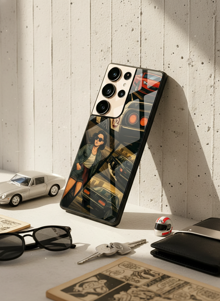 Drag Cars Premium Glass Back Cover For Galaxy S, A, M & F Series
