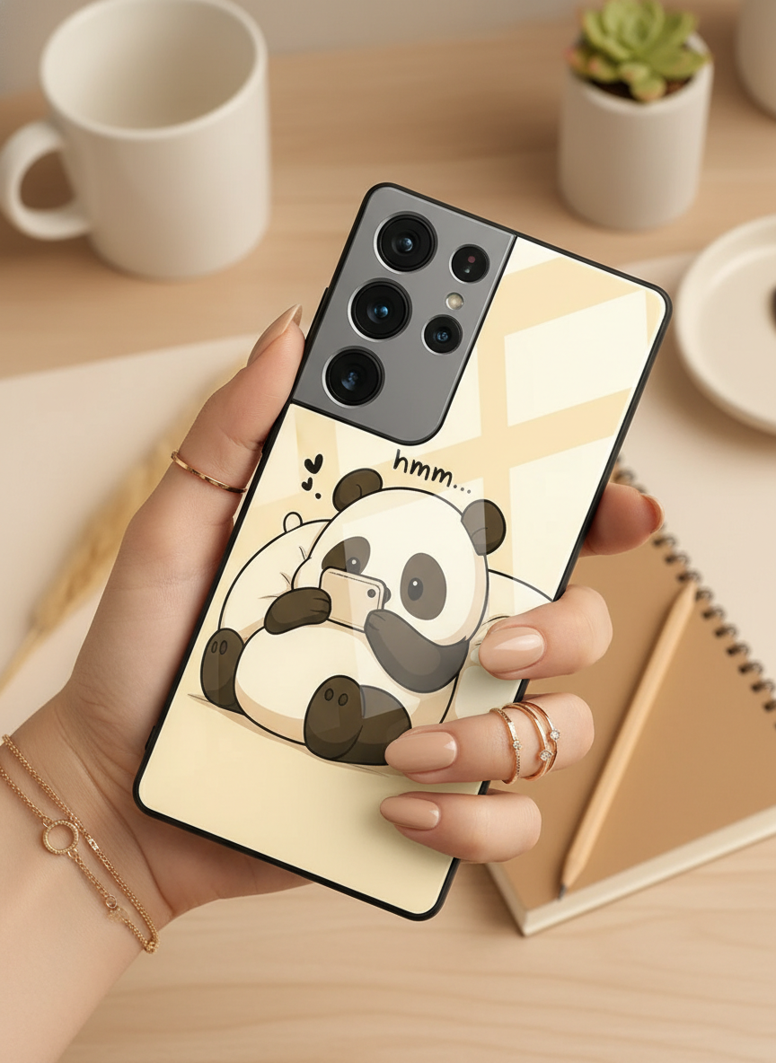 Hmm Panda Premium Glass Back Cover For Galaxy S, A, M & F Series