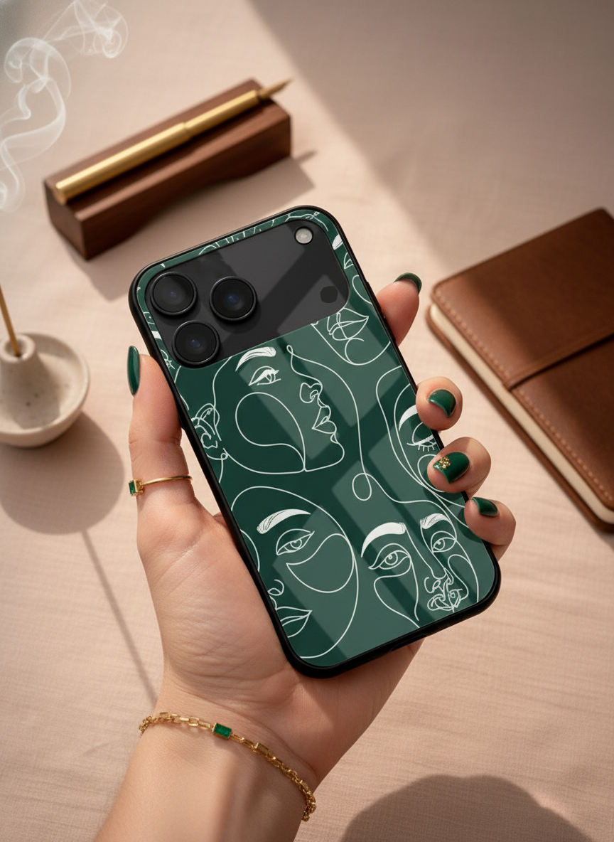 Line Art Lady  Premium Glass Back Cover For iPhone 11-17 Models