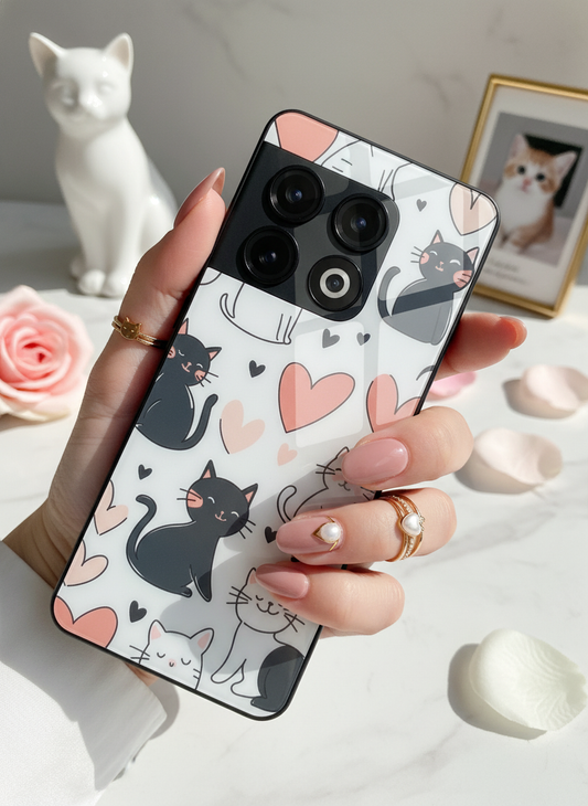 Meowgical Hearts Glass Back Cover For One Plus 13, 12, 11, 10, Nord Series