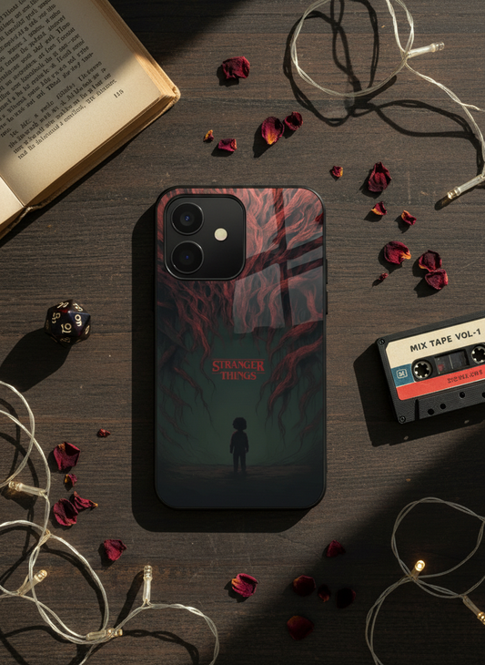 STRANGER THINGS- Stranger Dark Roots Premium Glass Back Cover For iPhone 11-17 Models