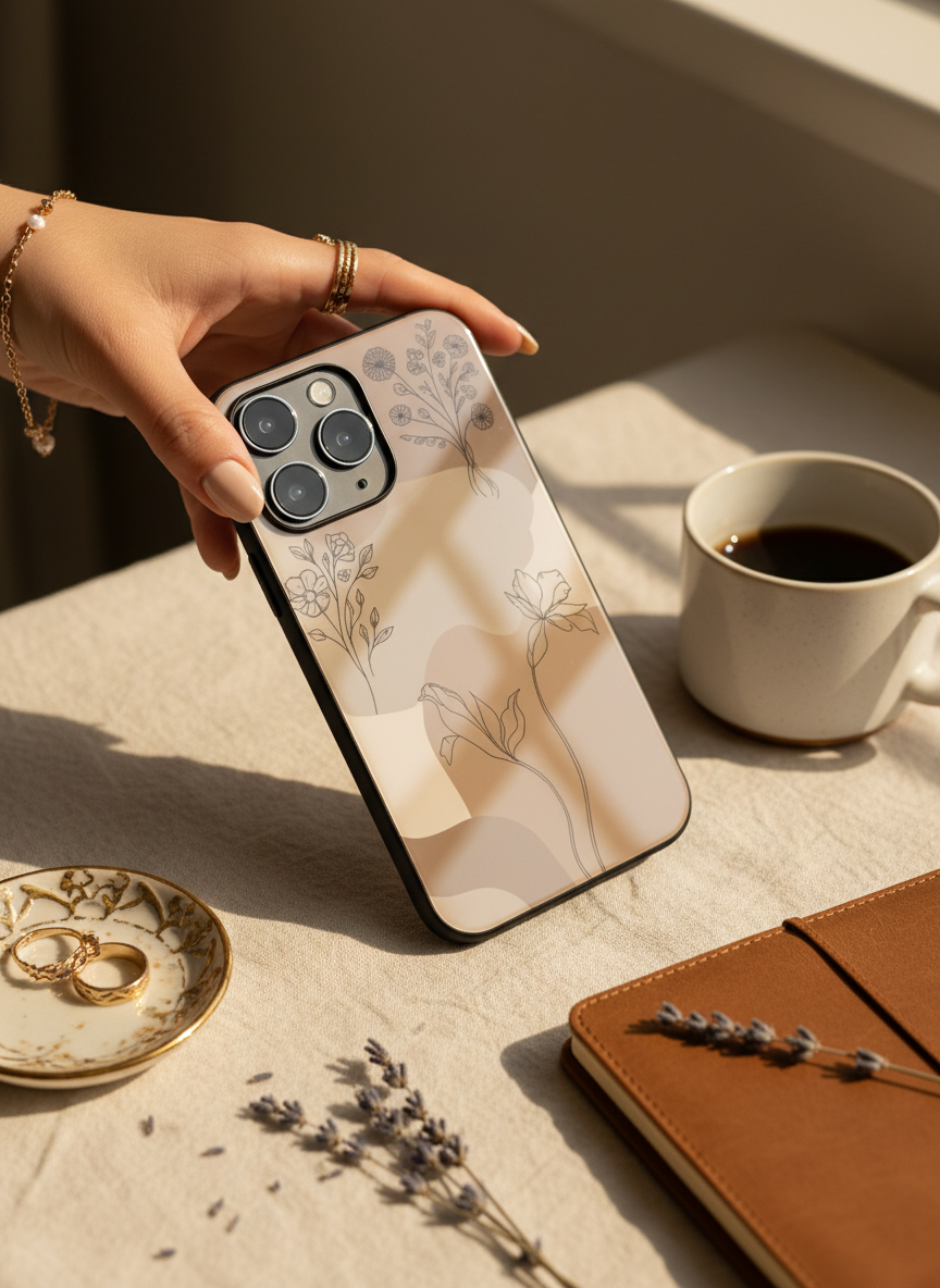 Earthy Petals Premium Glass Back Cover For iPhone 11-17 Models